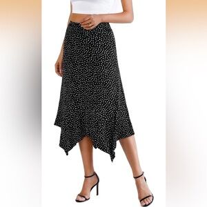 DJT Women's Flowy Handkerchief Hemline Midi Skirt, Black Polka Dots, Small